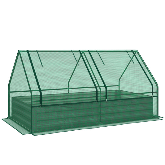 Outsunny Metal Planter Box with Cover Raised Garden Bed with Greenhouse for Herbs and Vegetables Green and Dark Grey