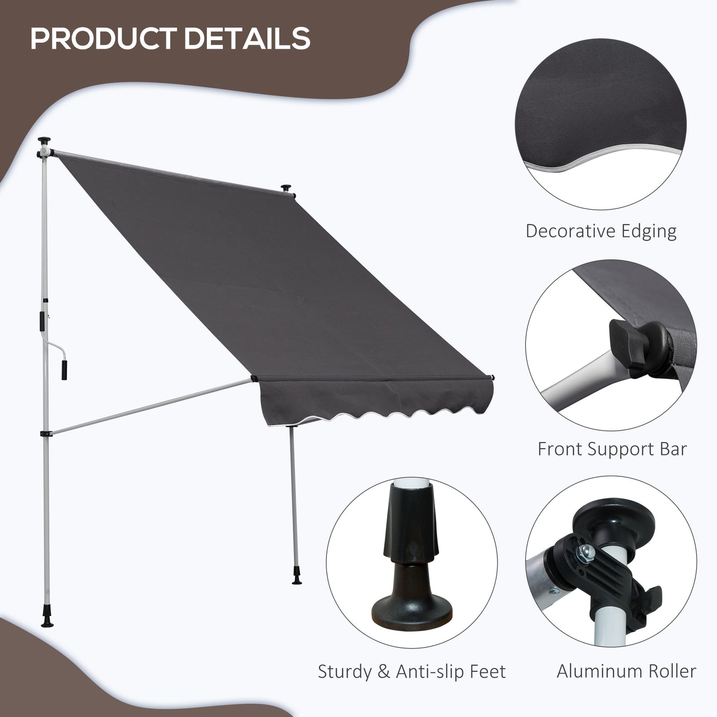 Outsunny 2x1.5m  Adjustable Outdoor Aluminium Frame Awning Grey