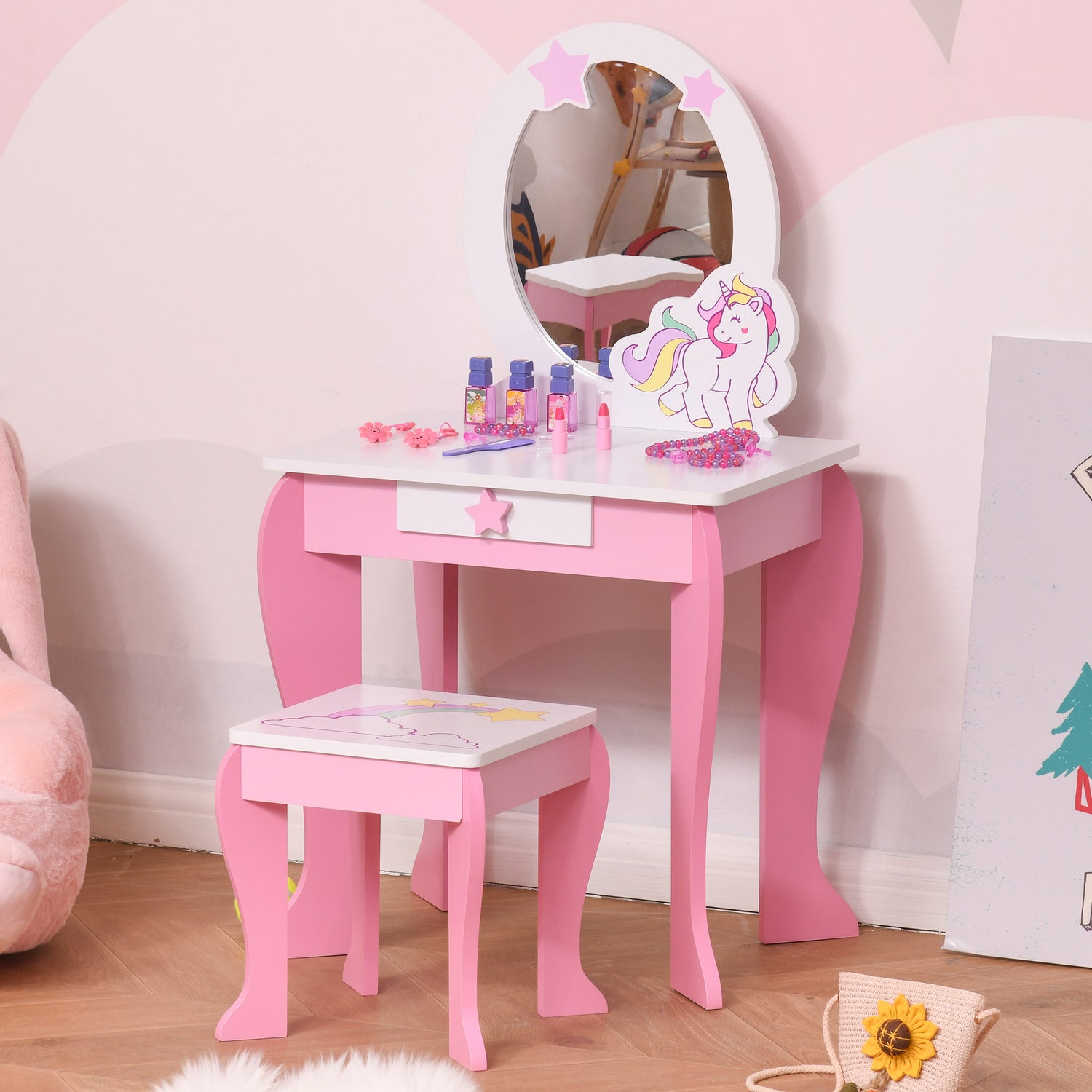 Costway Kids Vanity Table & Stool Princess Dressing Make Up Play Set for  Girls Pink