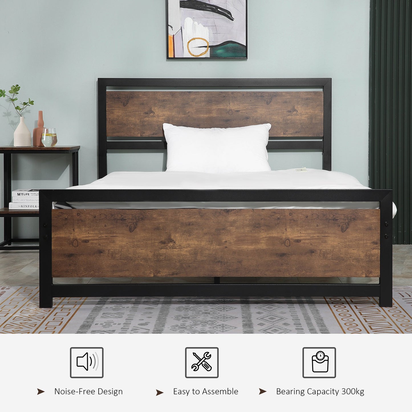 HOMCOM Full Bed Frame with Headboard & Footboard, Strong Slat Support Twin Size Metal Bed w/ Underbed Storage Space, No Box Spring Needed, 144x195x103cm Headboard, Needed