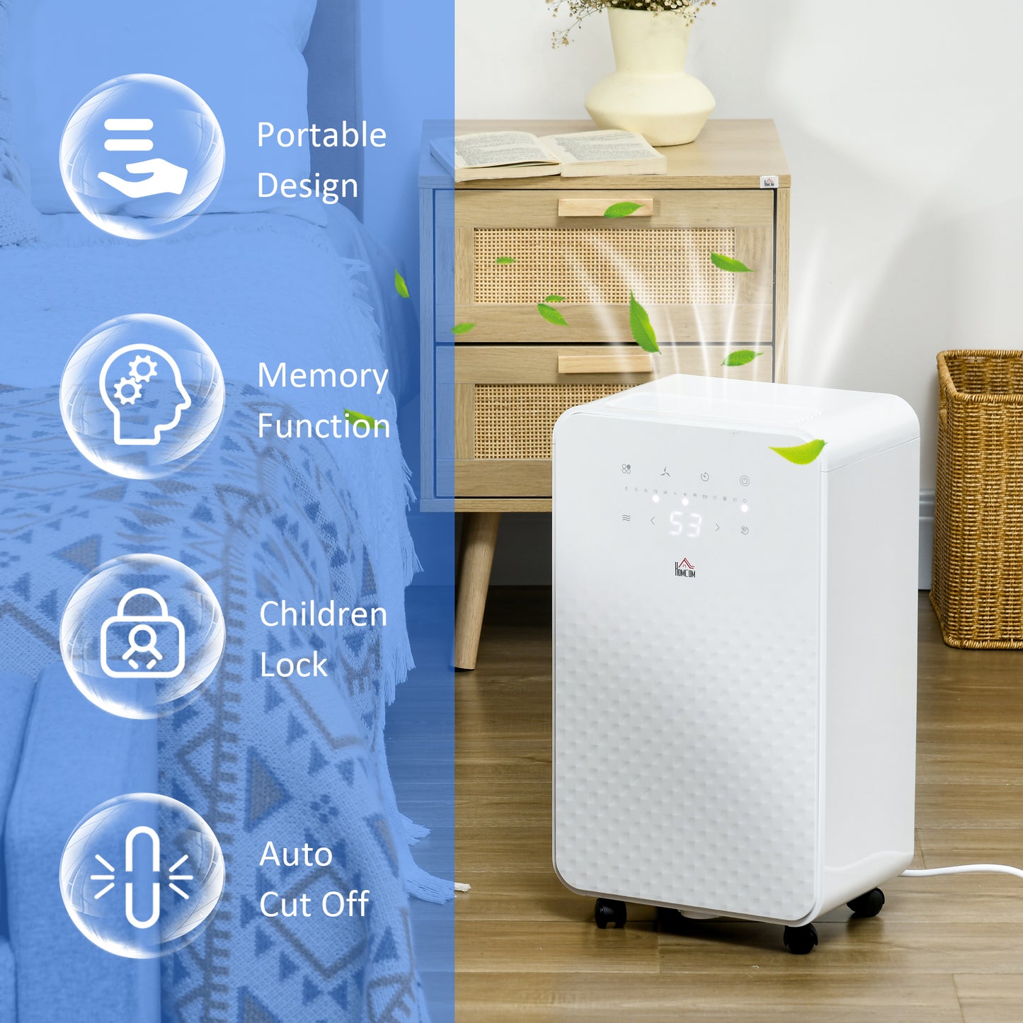 HOMCOM 2000mL Portable Dehumidifier with Air Purifier, 24H Timer, 5 Modes, 10L/Day, for Home Laundry, White