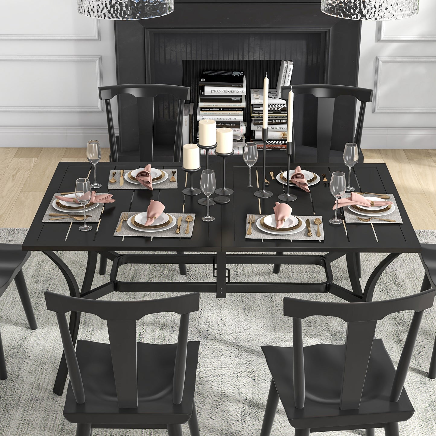 Outsunny Rectangle Garden Dining Table with Parasol Hole, Patio Table with Steel Frame and Slat Tabletop, 150cm x 90cm, Black