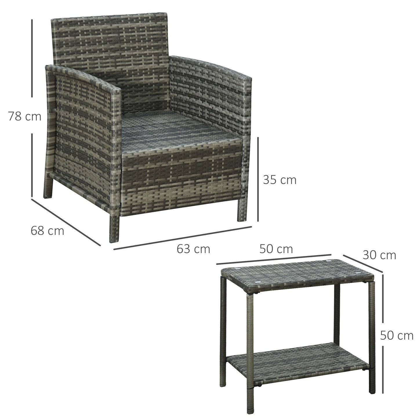 Outsunny 2-Seater PE Rattan Side Table & Armchair Set w/ Pillows Grey