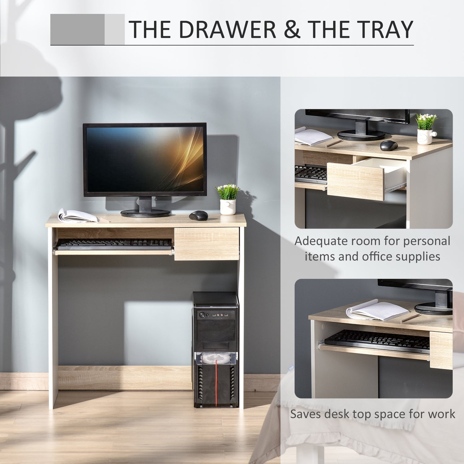 Compiuter Table Small HOMCOM Compact Small Computer PC Table with Keyboard Tray Drawer Study ...
