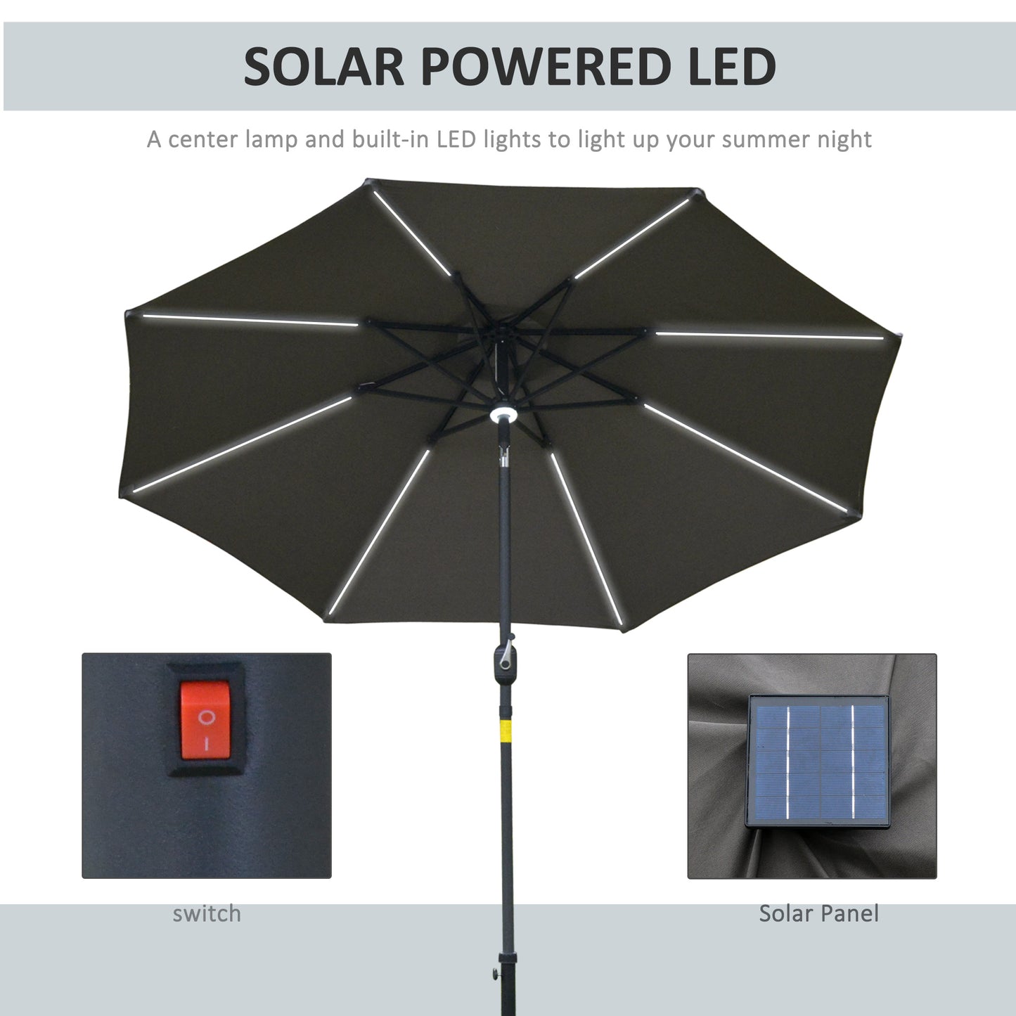 Outsunny 2.7m Garden Parasol Sun Umbrella Patio Summer Shelter w/ LED Solar Light, Angled Canopy Vent, Crank Tilt, Grey Light