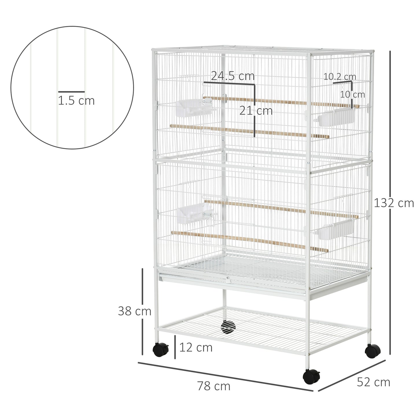 PawHut Large Bird Cage Aviary for Finch Canaries, Budgies with Rolling Stand, Slide-out Tray, Storage Shelf, Wood Perch, Food Containers, White