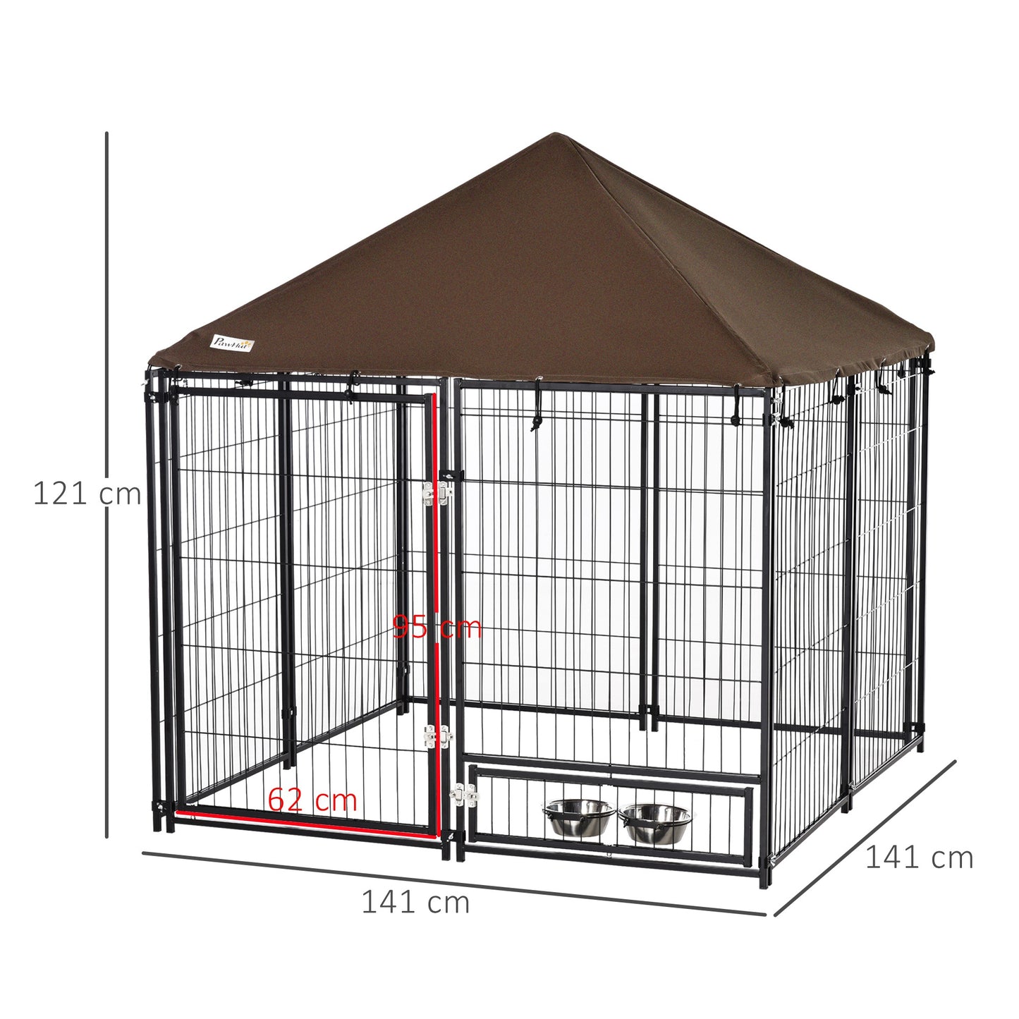 PawHut Outdoor Dog House Kennel with Water-resistant Roof Lockable Mesh Metal Cage Steel Fence, 141 x 141 x 121 cm Canopy Top & Secure Lock Rotating Bowl Holder