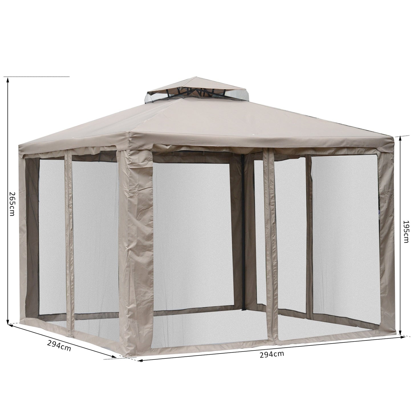 Outsunny Outdoor Gazebo, 2-tier Roof W/Netting, 295L x 295W x 263Hcm-Taupe