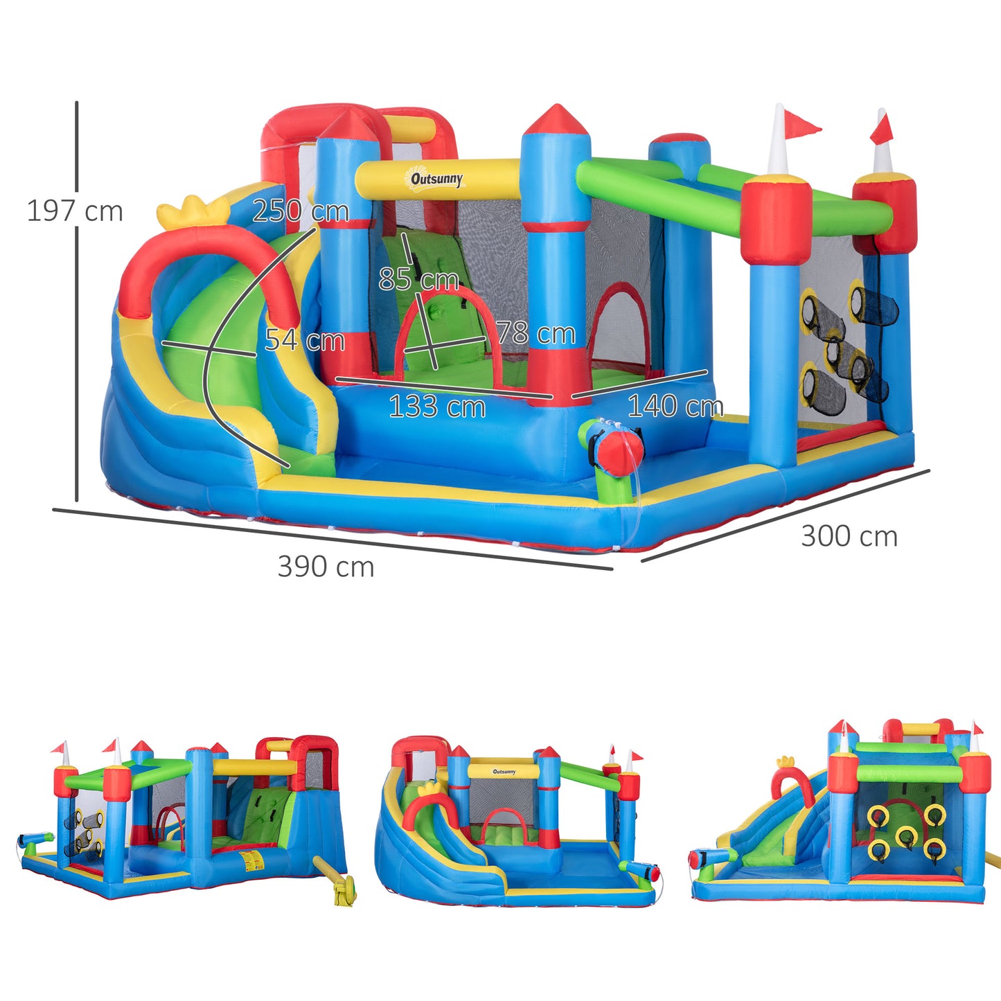 Outsunny 5 in 1 Kids Bounce Castle Large Castle Style Inflatable House Slide Trampoline Pool Water Gun Climbing Wall