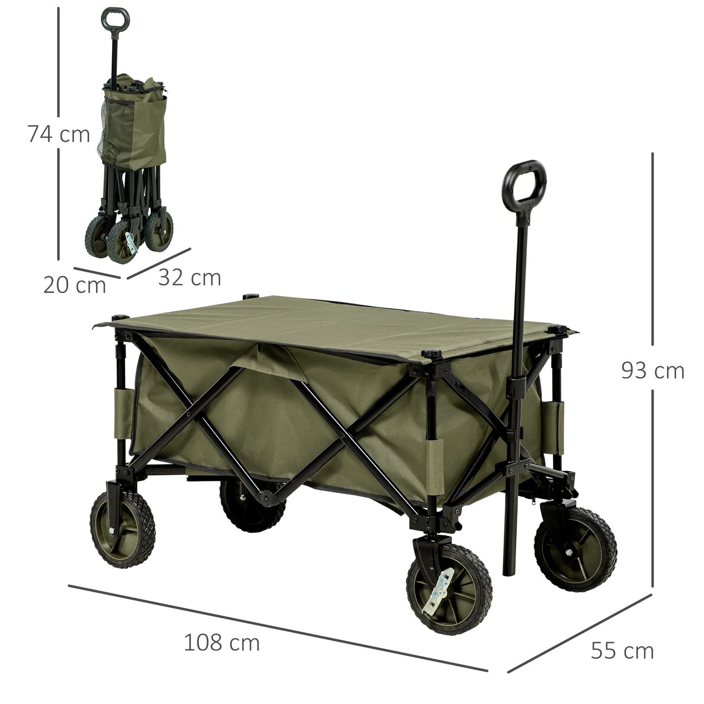 Outsunny Folding Garden Trolley on Wheels, Collapsible Camping Trolley with Folding Board, Outdoor Utility Wagon with Steel Frame and Oxford Fabric, Green