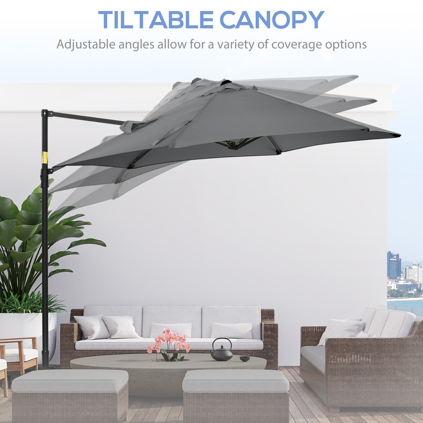 Outsunny 2.5M Garden Cantilever Parasol with 360° Rotation, Offset Roma Patio Umbrella Hanging Sun Shade Canopy Shelter with Cross Base, Dark Grey