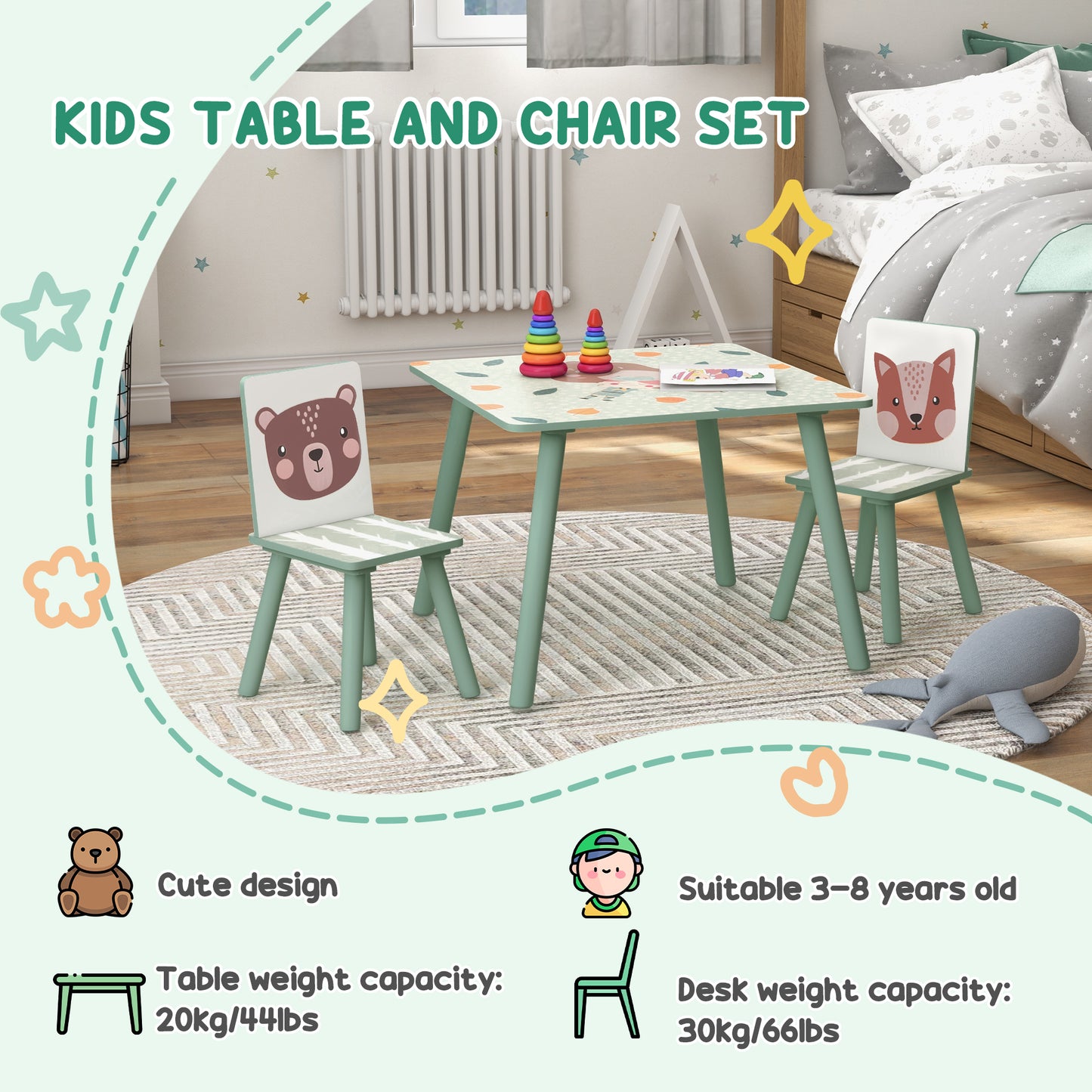 ZONEKIZ Kids and Table Chairs Children Desk with Two Chairs Toddler Furniture Set for Ages 36 Years Green