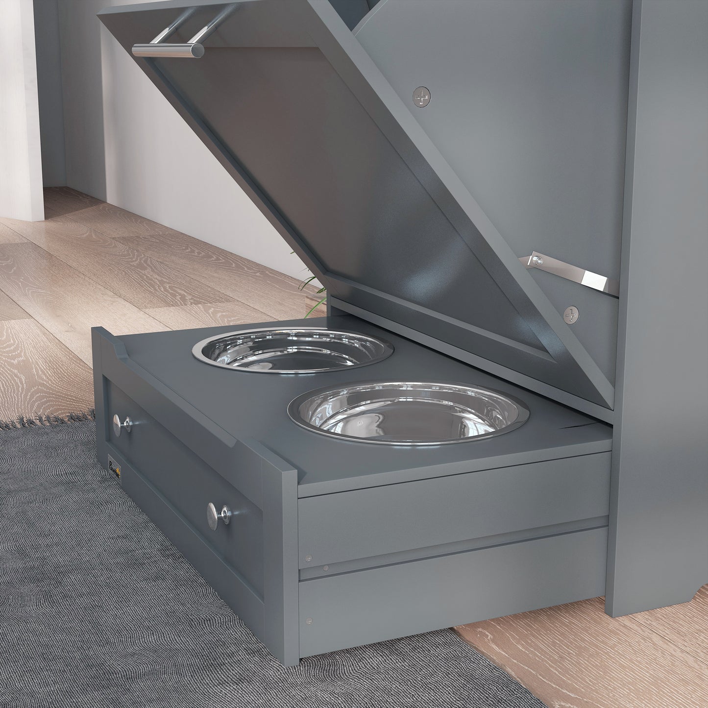 PawHut Pet Feeder Station Dog Food Storage Container with Dog Raised Bowls and Hanger for Feeding and Watering Supplies Grey