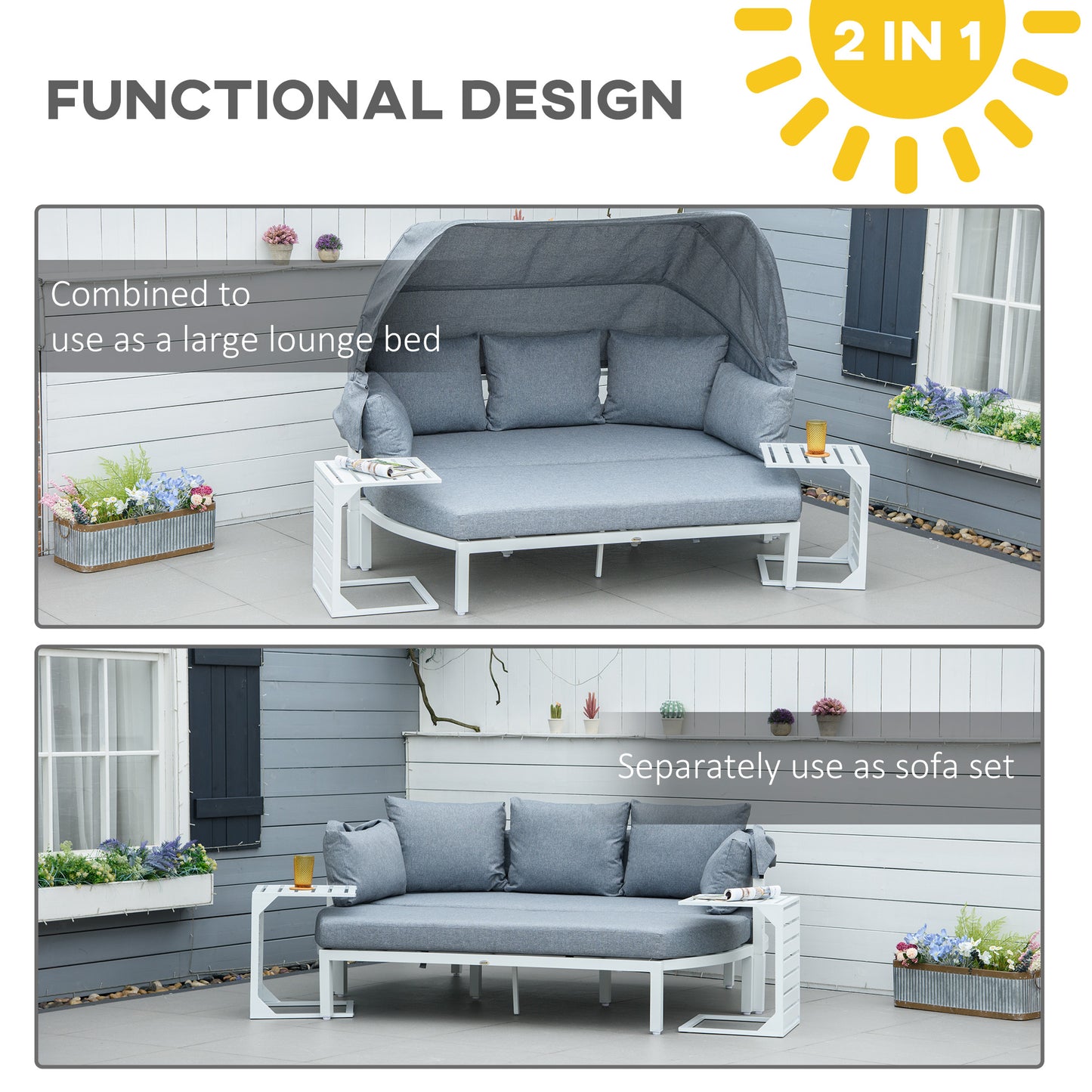 Outsunny 4 Pieces Outdoor Garden Sofa Set, Aluminum Patio Lounge Bed Furniture Set, with Canopy, Padded Cushions & Side Tables, White