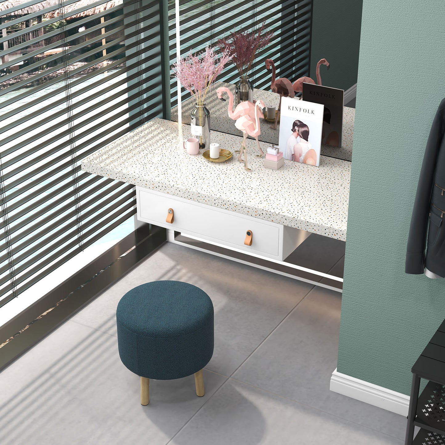 HOMCOM Round Ottoman Stool with Storage, Linen Fabric Upholstered Foot Stool with Padded Seat, Hidden Space and Wood Legs