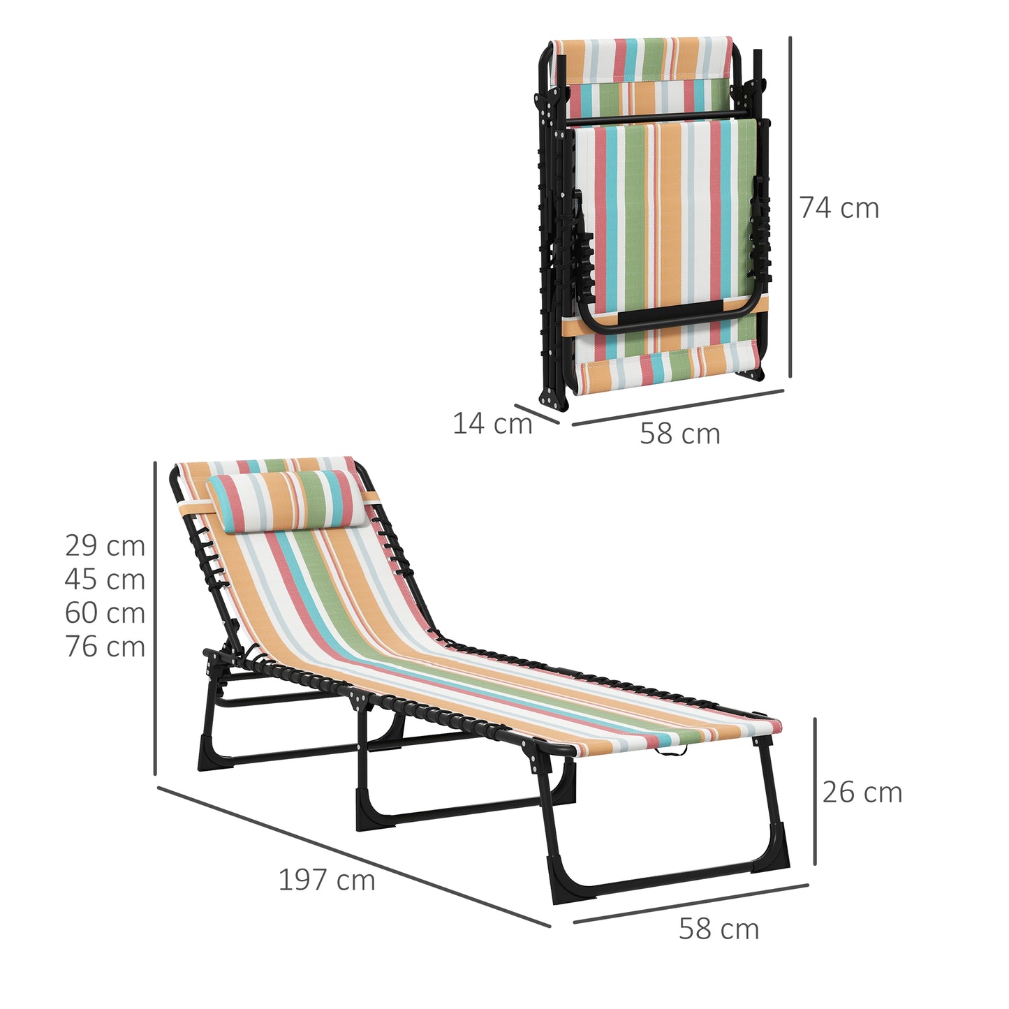 Outsunny 2 Pcs Folding Sun Lounger Beach Chaise Chair Garden Cot Camping Recliner with 4 Position Adjustable Multicolored
