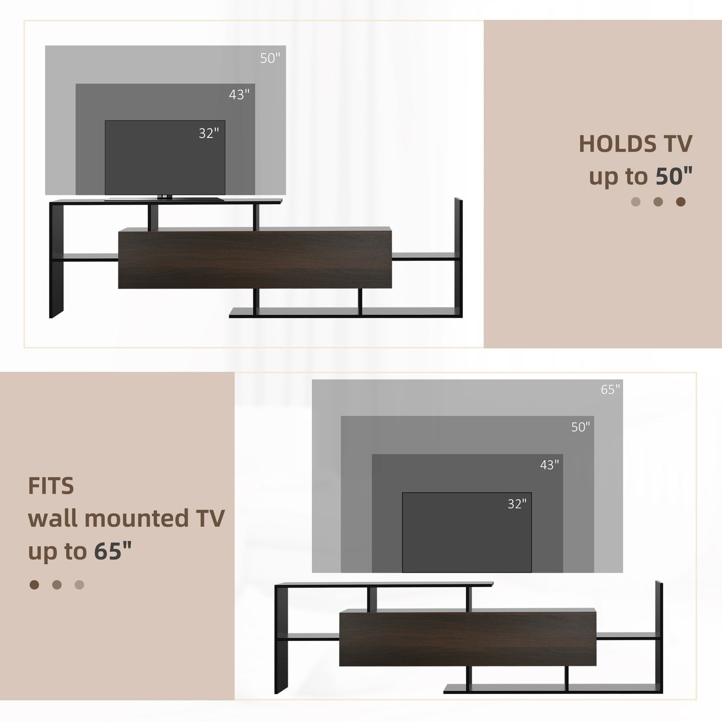 HOMCOM Modern TV Cabinet with Wall Shelf, TV Unit with Storage Shelf and Cabinet Black and Dark Brown