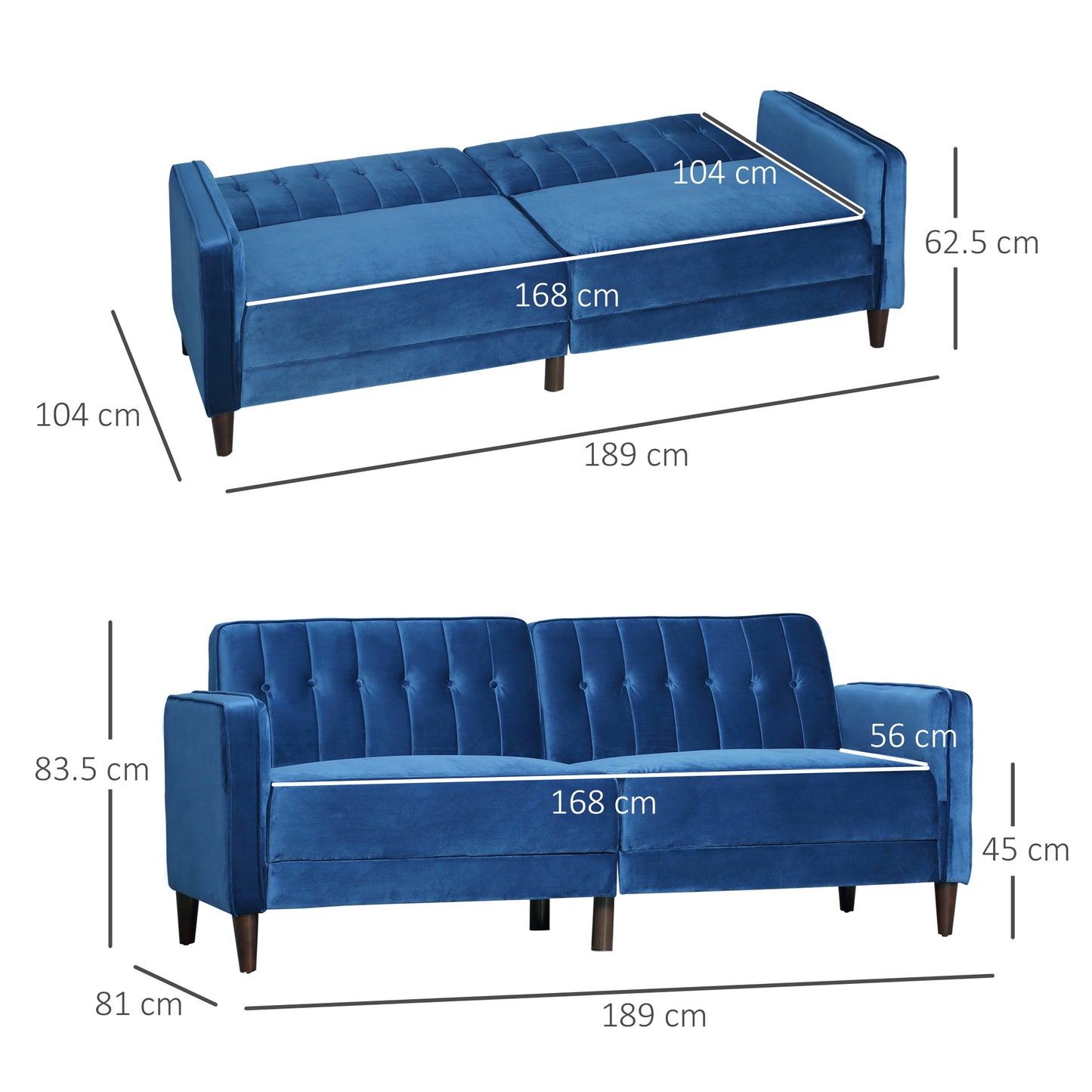 HOMCOM Modern Convertible Sofa Futon Velvet-Touch Tufted Couch Compact Loveseat Sleeper Sofa Bed, Blue