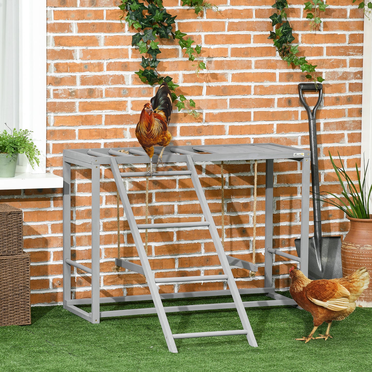 PawHut Chicken Activity Play with Swing Set for 34 Birds Wooden Chicken Coop Grey