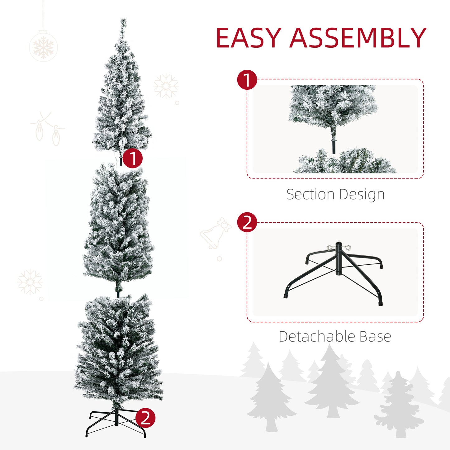 HOMCOM 7.5' Artificial Prelit Christmas Trees Holiday Décor with Warm White LED Lights, Flocked Tips, Berry, Pine Cone