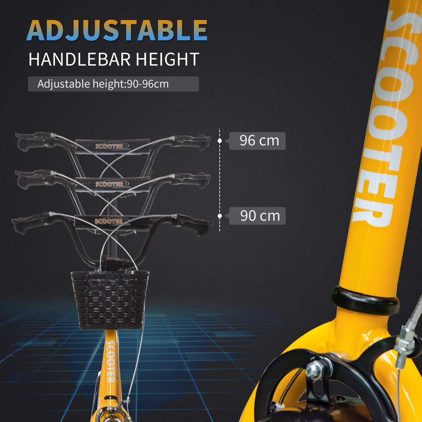 HOMCOM Kids Kick Scooter Teen Ride On Children Scooter with Adjustable Handlebar 2 Brakes Basket Cupholder Mudguard 16" Inflatable Rubber Tyres for 5-12 years old Orange w/ Wheel Brake