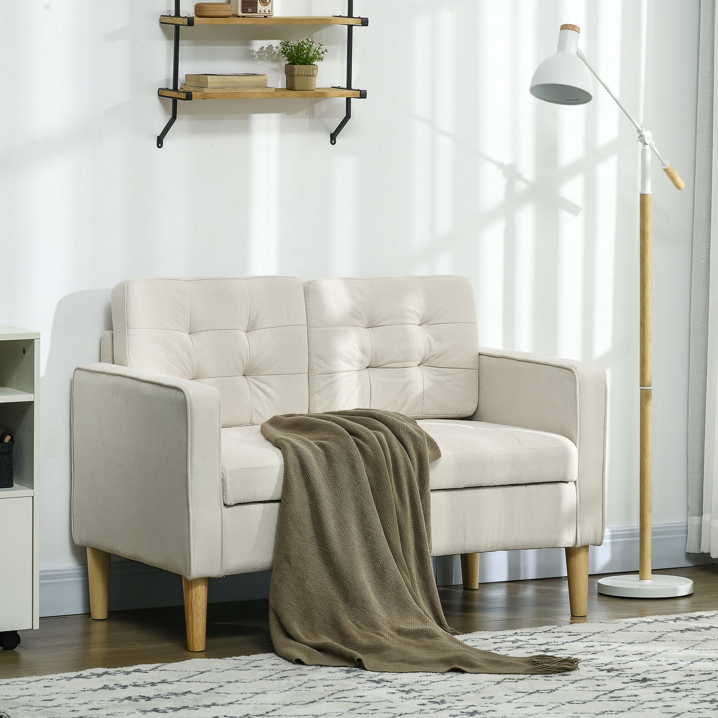 HOMCOM Modern Loveseat Sofa Compact 2 Seater Sofa with Hidden Storage 117cm Tufted Cotton Couch with Wood Legs Cream White