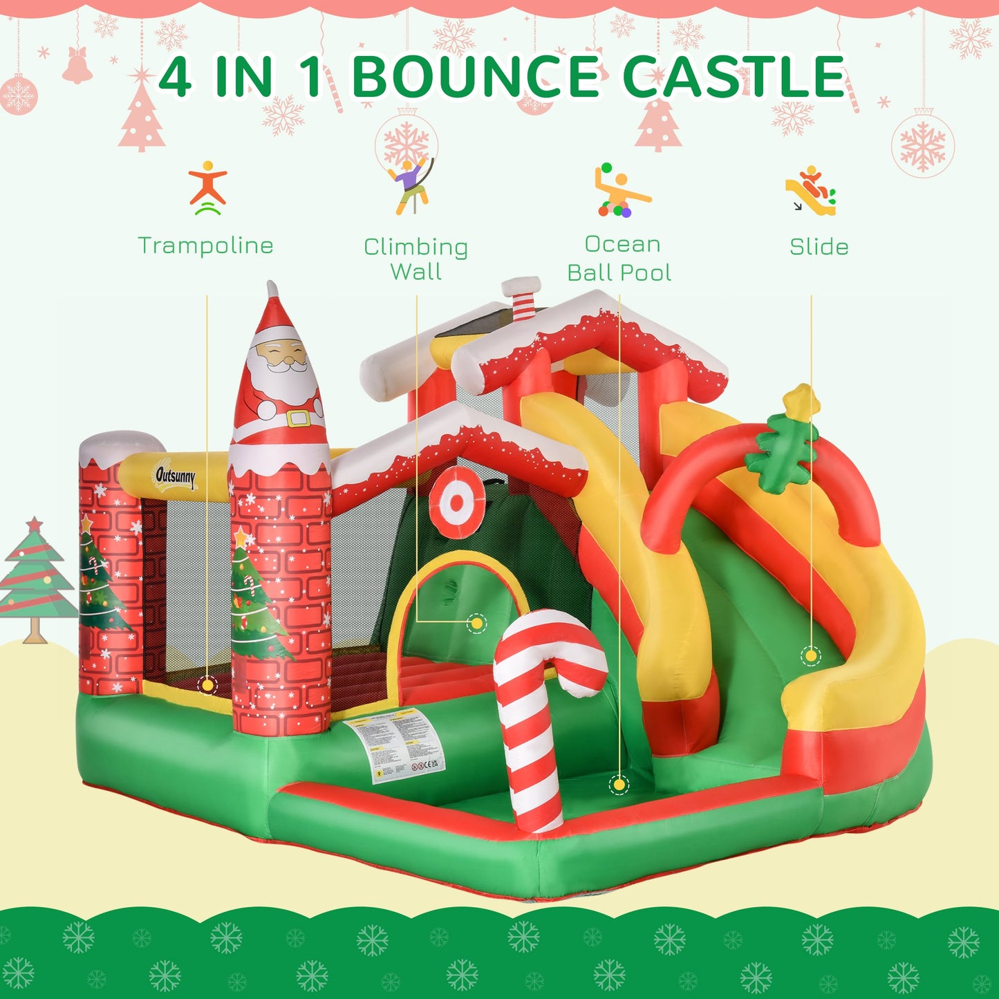 Outsunny Kids Bounce Castle Inflatable House Trampoline Slide Water Pool Climbing Wall 4 in 1 with Inflator Carrybag for Kids Age 3-8