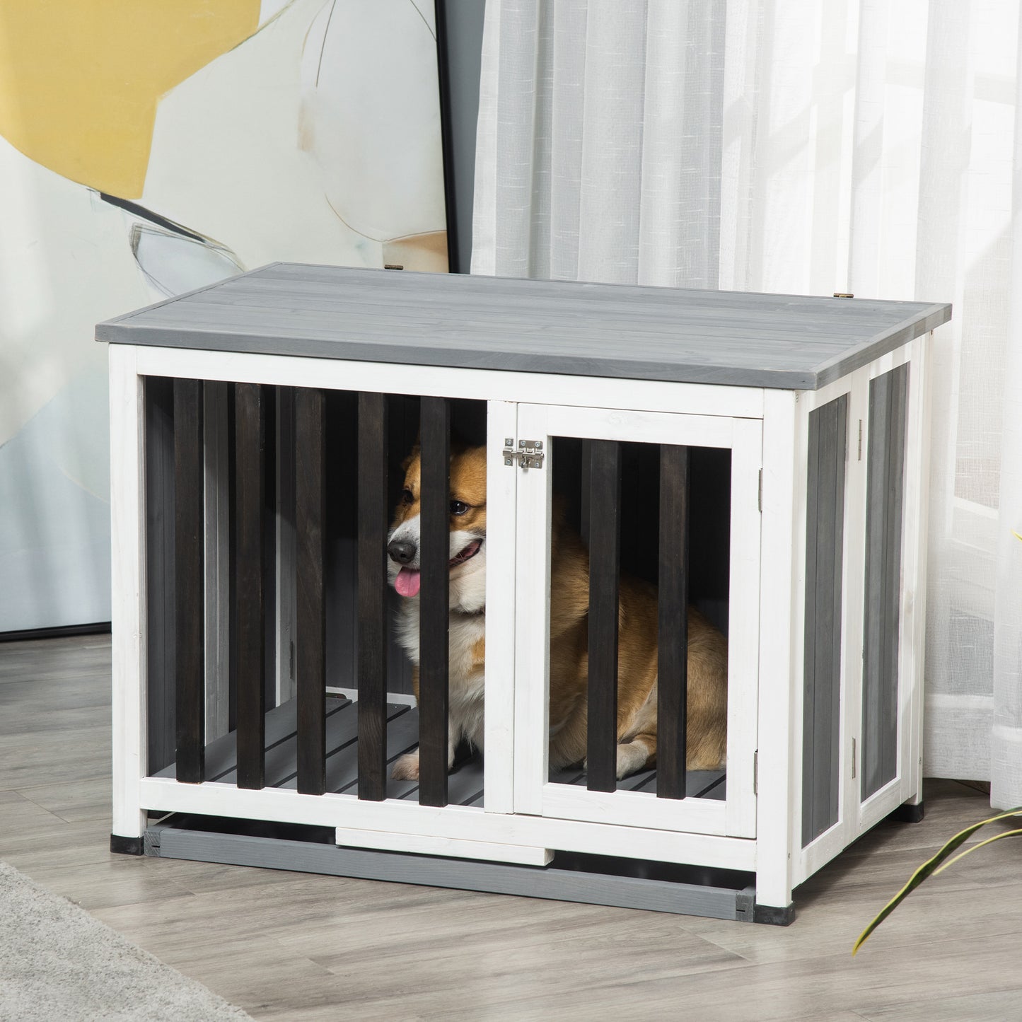 PawHut Wooden Dog Crate Folding Pet Kennel Cage End Table with Removable Tray for Medium and Small Dogs Grey 84.5 x 51.4 x 61 cm