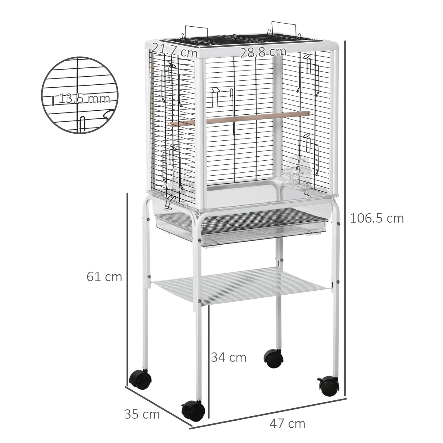 PawHut Large Metal Bird Cage Open Top Aviary for Finch Canaries, Budgies with Handle, Rolling Stand, Slide-out Tray, Storage Shelf, Wood Perch, White