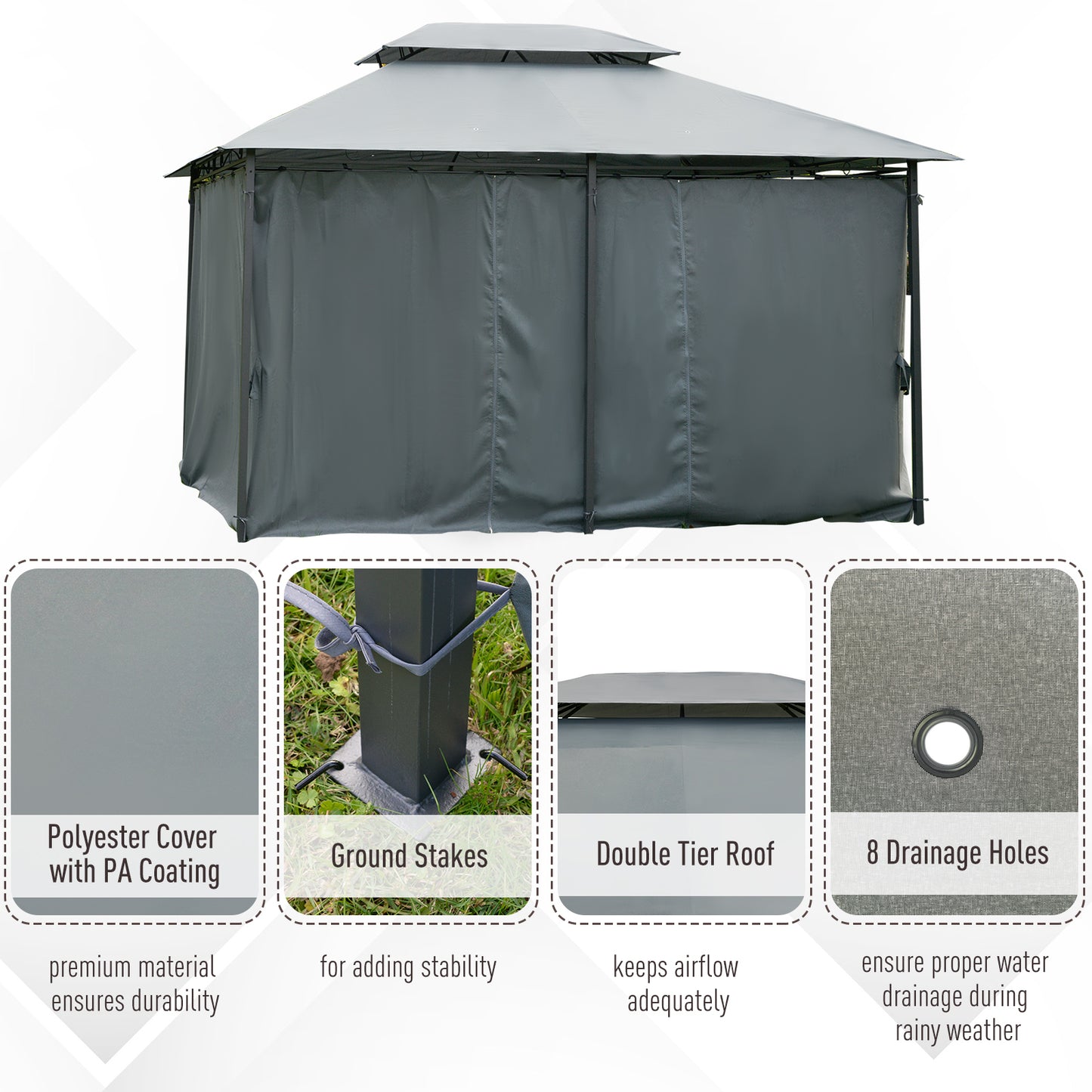 Outsunny 10 x 13ft Outdoor 2-Tier Steel Frame Gazebo with Curtains Outdoor Backyard, Black/Grey 2 Tier Black Grey