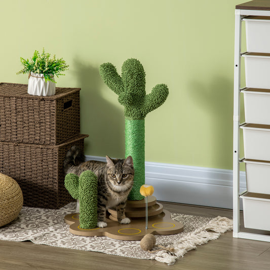 PawHut 60cm Cactus-shaped Cat Tree, Kitty Activity Center with Turntable Interactive Ball Toys, Chenille Cat Tower, Green