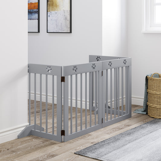 PawHut Freestanding Pet Gate 4 Panel Wooden Dog Barrier Folding Safety Fence with Support Feet up to 204cm Long 61cm Tall for Doorway Stairs Light Grey w/