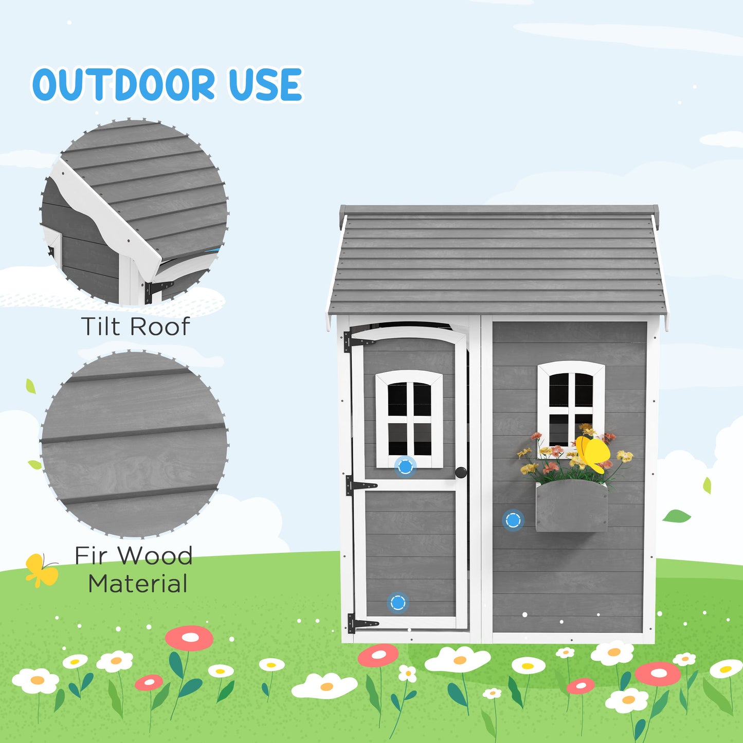 Outsunny Wooden Playhouse for Kids with Doors, Windows, Plant Box, Floors, for 3-8 Years Old, Garden, Lawn, Patio, Grey