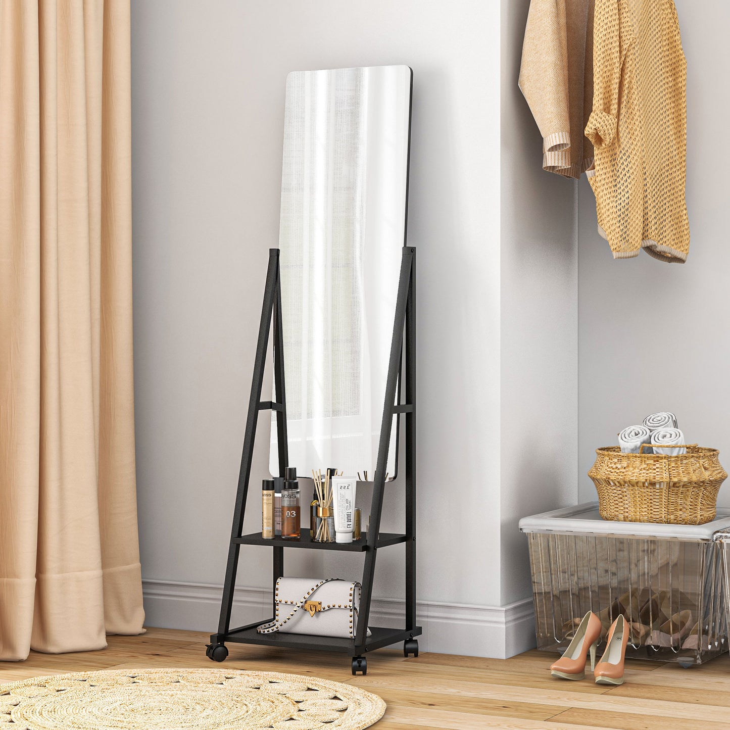 HOMCOM Free Standing Dressing Mirror, Rolling Full Length Mirror on Wheels with Adjustable Angle, Storage Shelves for Bedroom