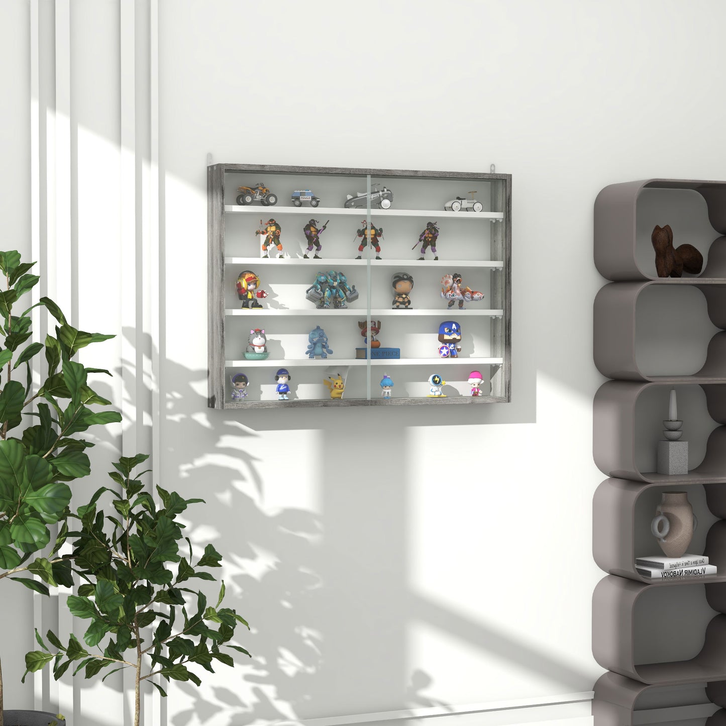 HOMCOM 5-Tier Wall Display Shelf Unit Cabinet w/ 4 Adjustable Shelves Glass Doors Home Office Ornaments 60x80cm Grey Wood Grain