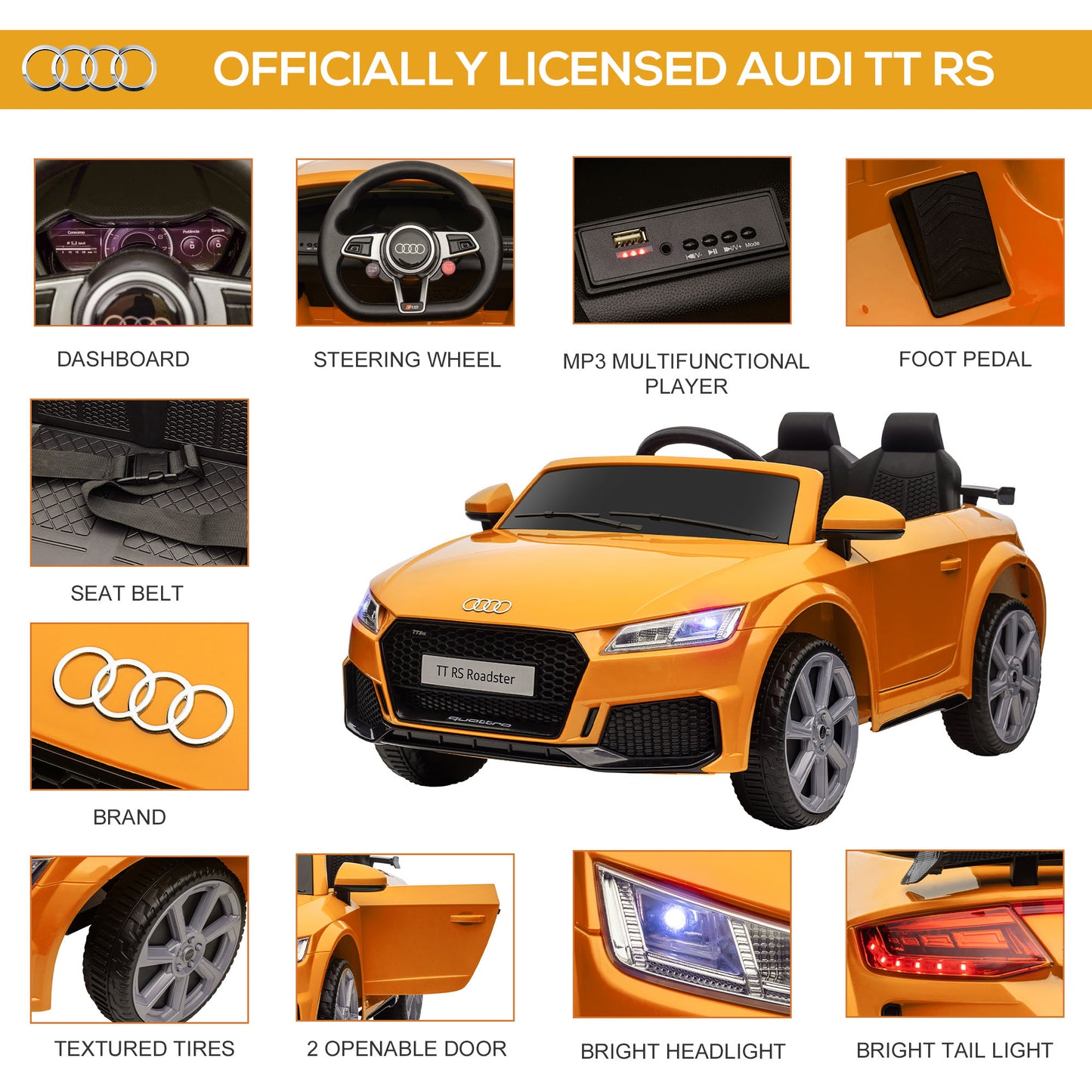 HOMCOM Kids Licensed Audi TT RS Ride-On Car 12V Battery w/ Remote Suspension Headlights and MP3 Player 3km/h Yellow