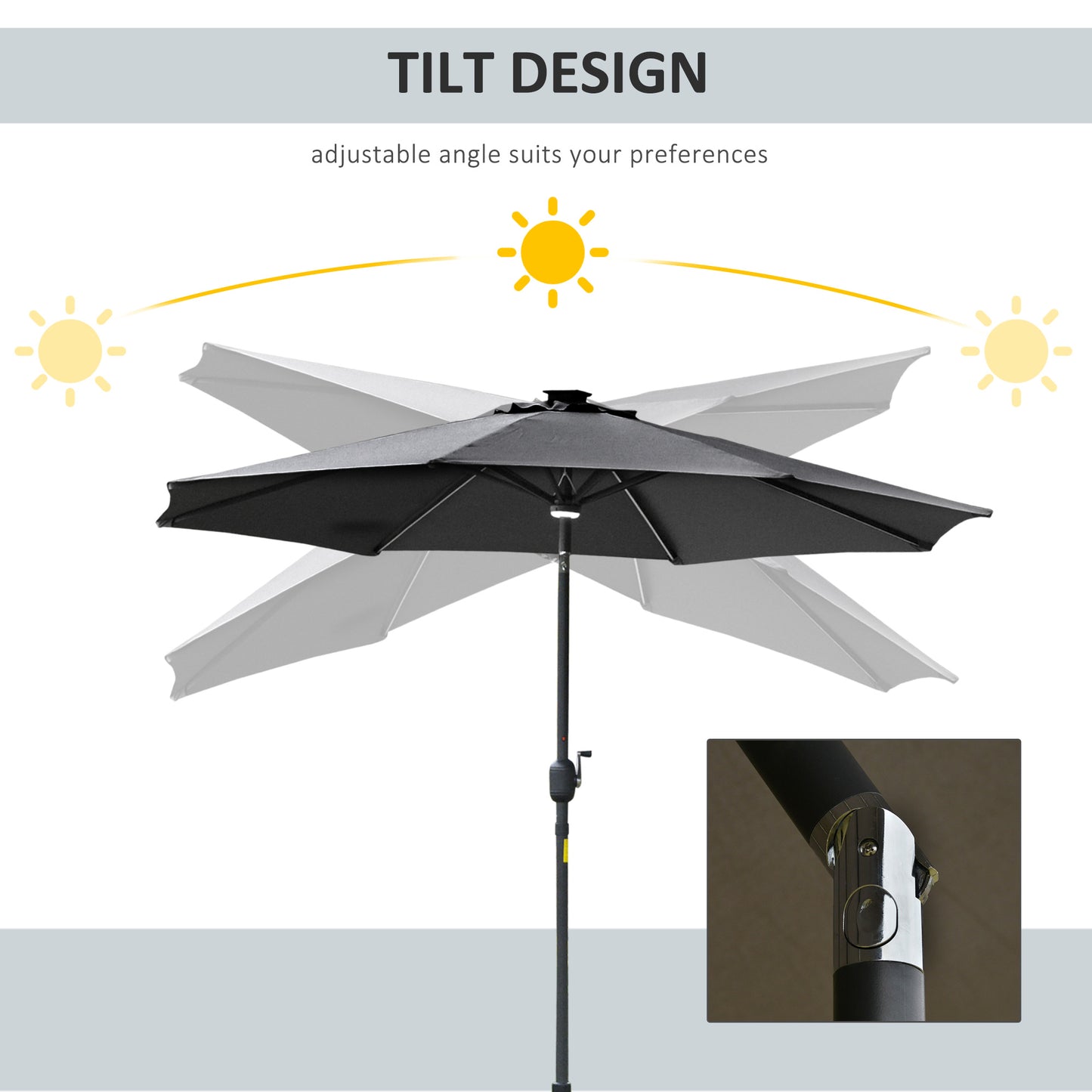 Outsunny 2.7m Garden Parasol Sun Umbrella Patio Summer Shelter w/ LED Solar Light, Angled Canopy Vent, Crank Tilt, Grey Light