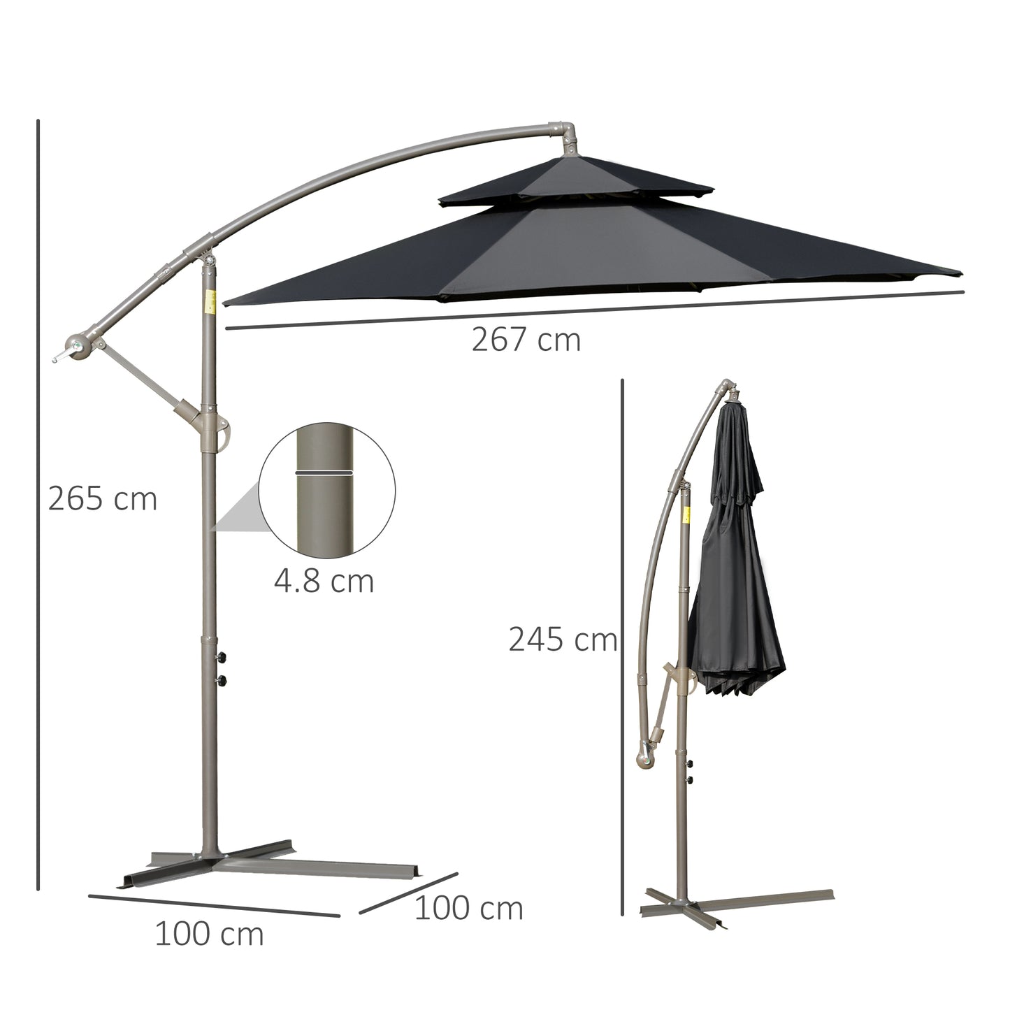 Outsunny 2.7m Garden Banana Parasol Cantilever Umbrella with Crank Handle, Double Tier Canopy and Cross Base for Outdoor, Hanging Sun Shade, Black w/ Canopy, Crank,