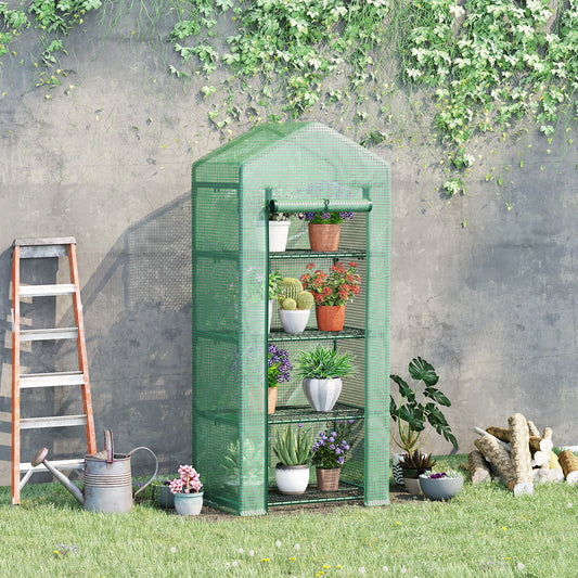 Outsunny 4 Tier Mini Greenhouse, Portable Green House with Steel Frame, PE Cover, Roll-up Door, 69 x 50 x 160 cm, Green