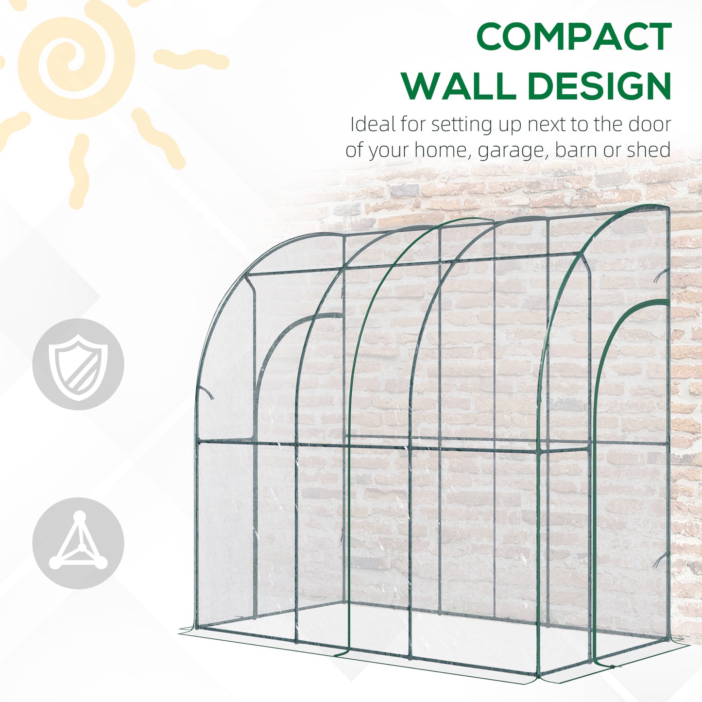 Outsunny Outdoor Walk-In Lean to Wall Tunnel Greenhouse with Zippered Roll Up Door PVC Cover Sloping Top, Clear, Green 214cm x 118cm x 212cm