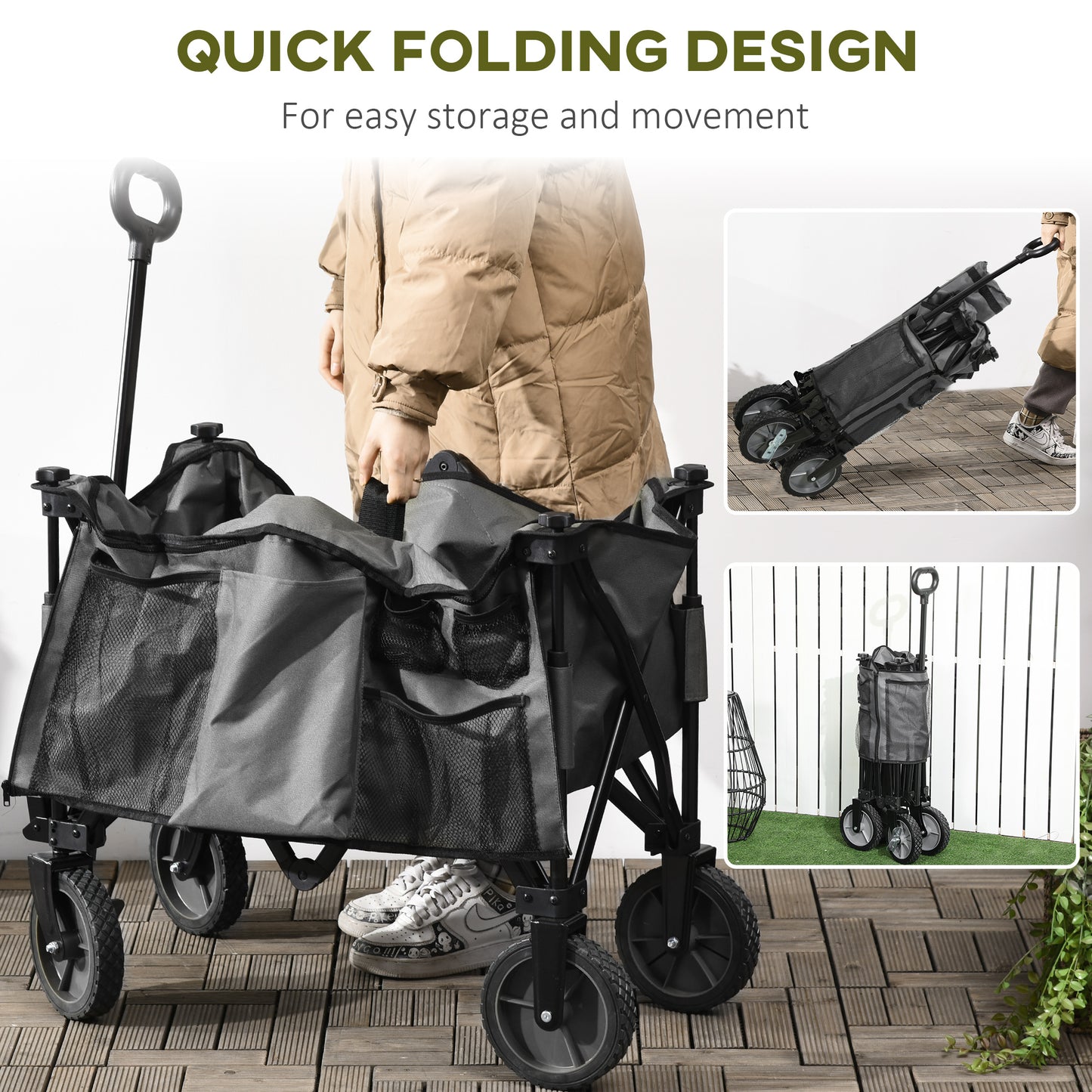 Outsunny Garden Trolley Cargo Traile on Wheels Folding Collapsible Camping Trolley Outdoor Utility Wagon Dark Grey
