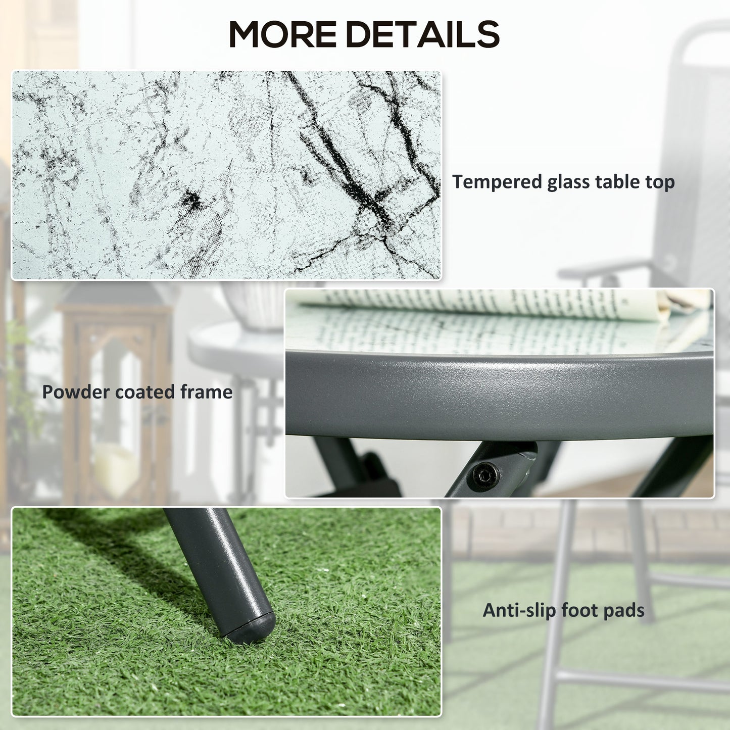 Outsunny Φ45cm Outdoor Side Table Round Folding Patio Table with Imitation Marble Glass Top Small Coffee Table White