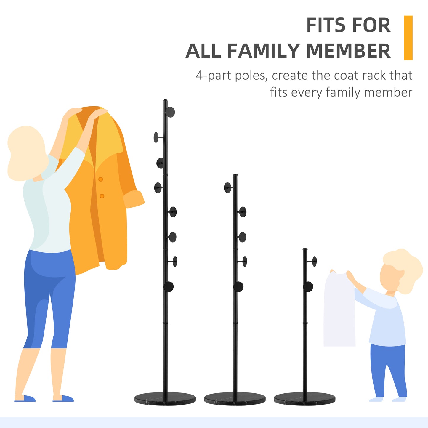 HOMCOM Coat Rack Free Standing Hall Tree with 8 Round Disc Hooks for Clothes, Hats,Purses, Steel Entryway Coat Stand with Marble Base, Black