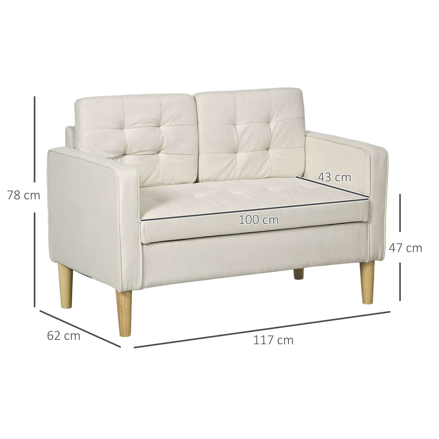 HOMCOM Modern Loveseat Sofa Compact 2 Seater Sofa with Hidden Storage 117cm Tufted Cotton Couch with Wood Legs Cream White