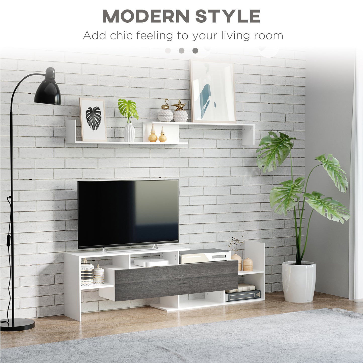 HOMCOM Modern TV Cabinet with Wall Shelf, TV Unit with Storage Shelf and Cabinet, Living Room Bedroom, White and Grey