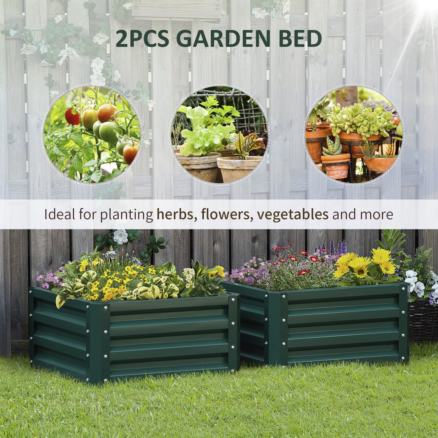 Outsunny Set of 2 Raised Garden Bed Outdoor Elevated Galvanised Planter Box for Flowers Herbs 60x60x30.5cm Green
