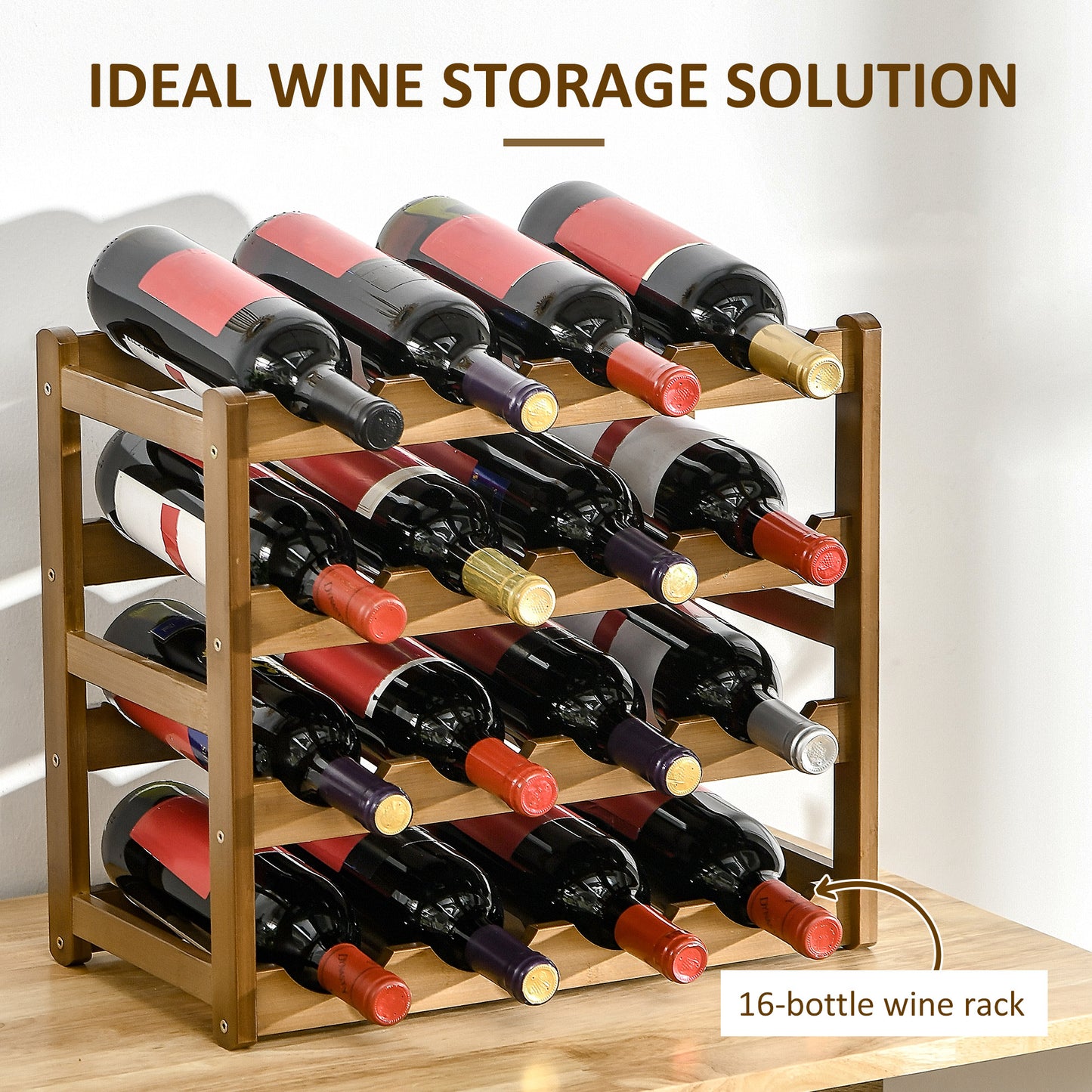 HOMCOM Free Standing Bamboo Wine Rack with 16 Bottles Holder, 4-tier Water Bottle Organizer, Brown