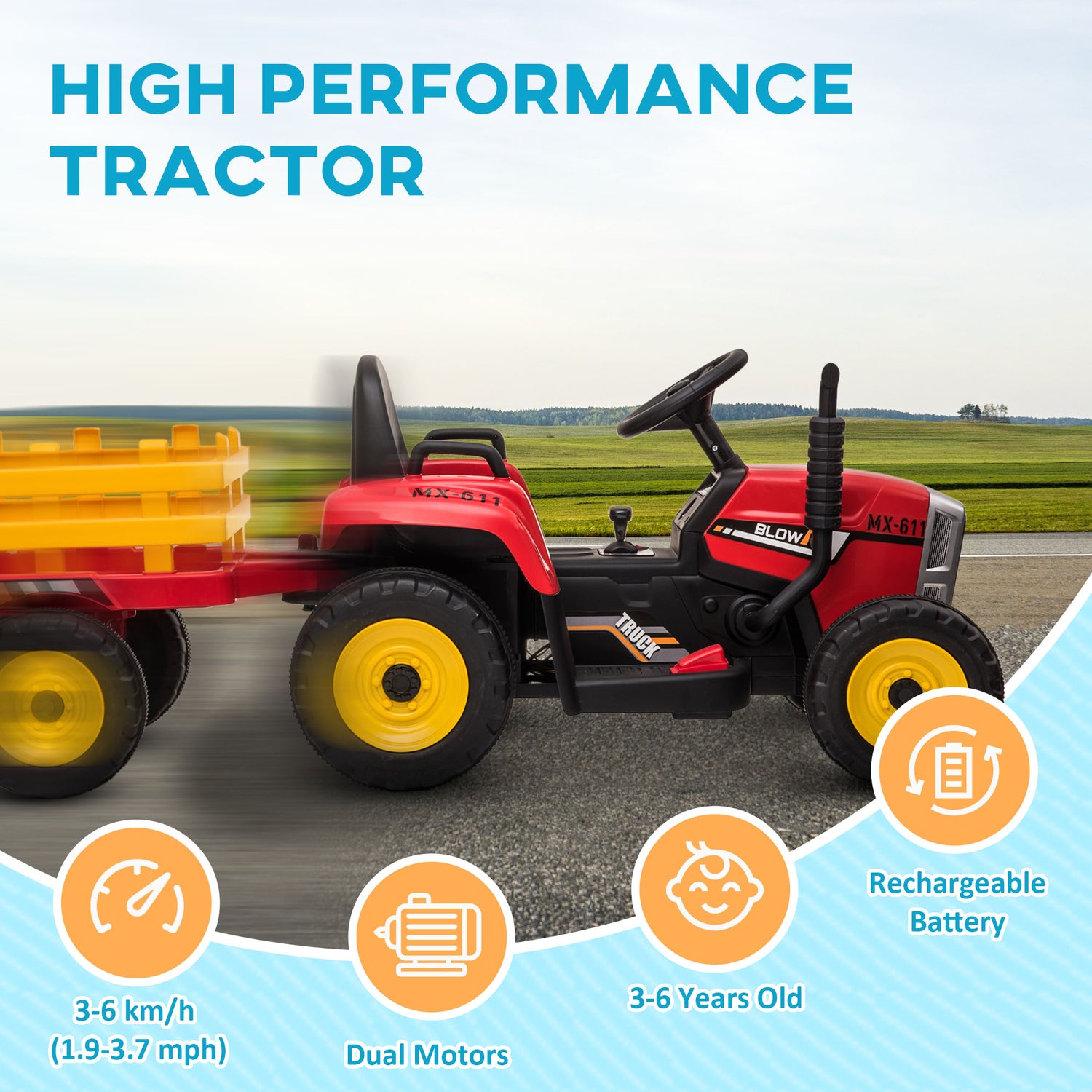 HOMCOM Electric Ride on Tractor with Detachable Trailer, 12V Kids