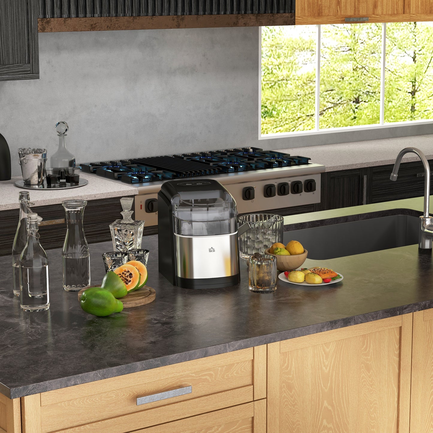 HOMCOM Ice Maker Machine Countertop, 12Kg in 24 Hrs, 9 Cubes Ready in 6-12Mins, Portable Ice Cube Maker with 2 Ice Cube Sizes, Self-Cleaning, Ice Scoop and Basket for Home, Kitchen, Party