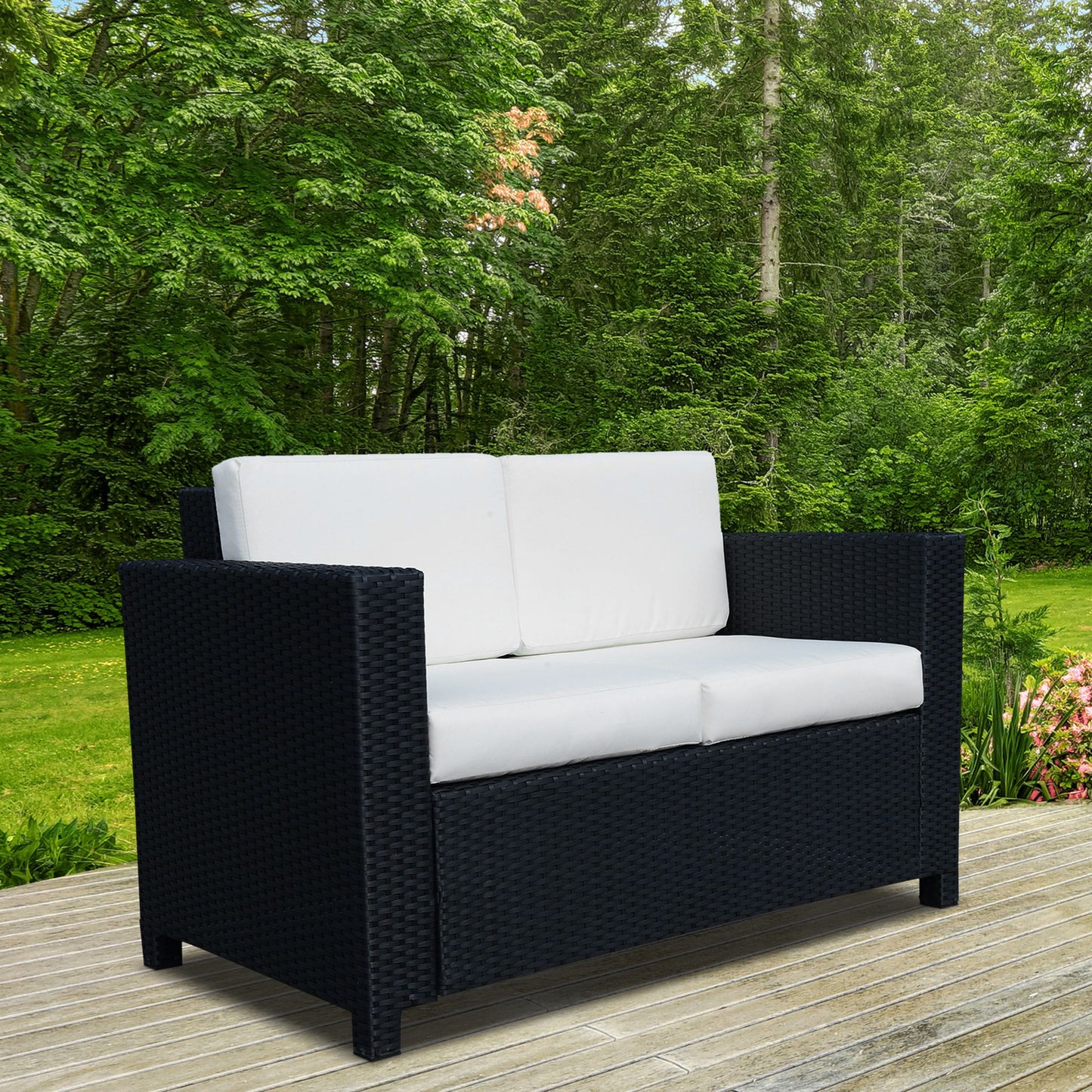 Outsunny 2 Seater Rattan Garden Sofa Black Double Couch Loveseat Wicker